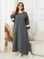 Große Größen Kontrast Langarm Zopfstrick Maxikleid Lässig Herbst Winter Warm Kleid - 0XL / Grau