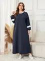 Plus Size langarm Strick Maxikleid Herbst Winter warm Kontrastfarbe Rundhalsausschnitt lang - 0XL / Schwarz