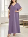 Elegantes Damen Plus Size Maxikleid mit V-Ausschnitt, Blattstickerei und kurzen Ärmeln. - 3XL / Lila