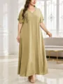Ansicht des eleganten Plus-Size Maxikleids mit schickem V-Ausschnitt und detaillierter Stickerei. - 3XL / Khaki