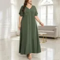 Plus Size V-Neck Short Sleeve Leaf Embroidered Maxi Dress Olive Green Casual Long Dress - Green