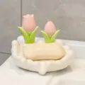 Jabonera de cerámica con bonito diseño de tulipán, soporte para jabón con drenaje para baño - Jabonera Tulipán / Blanco