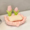 Jabonera de cerámica rosa con diseño de tulipán, escurridor para lavabo de baño y decoración. - Jabonera Tulipán / Rosa