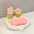 Bonita jabonera de cerámica de tulipán con escurridor para almacenamiento de lavabo de baño - Jabonera Pequeña Flor Rosa / Blanco