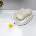 Bonito soporte de jabón de cerámica con forma de pato para baño, bandeja blanca útil. - Pato lindo