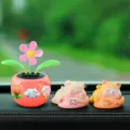 Cute solar flower and sleeping animal car dashboard decor, creative resin interior ornament. - Three Small Flowers + Pig + Shiba Inu 4-Piece Set / Grapefruit Red