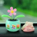 Solar dancing flower pot and sleeping pig car dashboard ornament cute interior decor - Three Small Flowers + Little Pig 3-Piece Set / Mint Green