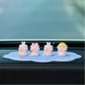 Cute pink pig car dashboard ornament set, adorable resin cartoon doll interior decoration variant. - Four Little Pigs + Blue Mat