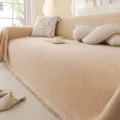 Beige chenille sofa cover blanket with fringe, modern minimalist all-cover throw. - Cloud Simple Nap - Coffee Brown