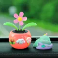 Cute solar powered shaking flower and dinosaur car dashboard ornament, creative decor. - Three Small Flowers + Little Dinosaur 3-Piece Set / Grapefruit Red