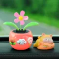 Cute solar dancing flower and sleeping cat car dashboard ornament set, pink pot. - Three Small Flowers + Shiba Inu 3-Piece Set / Grapefruit Red