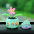 Cute car dashboard ornament set, solar flower pot and sleeping dinosaur design, green style. - Three Small Flowers + Little Dinosaur 3-Piece Set / Mint Green