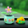 Cute car solar shaking flower pot and sleeping duck figurine set for dashboard decor - Three Small Flowers + Little Yellow Duck 3-Piece Set / Mint Green