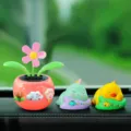 Cute solar flower pot and sleeping animal car dashboard ornament variant, creative interior decor. - Three Small Flowers + Dinosaur + Duck 4-Piece Set / Grapefruit Red