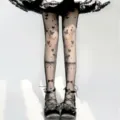 Lolita black sheer tights with butterfly print, sweet Gothic thigh highs for women fashion detail. - One Size / Black