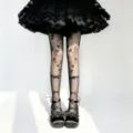 Lolita black sheer tights with cute butterfly and bow print, sweet gothic legwear for women. - One Size / Black with Bow