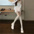 Japanischer Stil weiße Schleife Kniestrümpfe Strumpfhose JK süße Socken Detailansicht - Einheitsgröße / Weiß