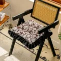 Vintage floral dining chair cushion with black ruffle trim, comfortable pad for home kitchen. - Shuying Style / Burgundy