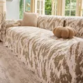 Thickened chenille sofa cover in beige brown pattern with fringe for living room decor - 180*130CM / Forest Shadows - Coffee