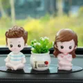 Cute car interior ornament set with cartoon couple figurines and potted plant. - Yoga [Dad, Mom & White Grass] + Small Leopard Mat