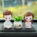 Cute couple cartoon resin dolls car dashboard ornament with potted plant and anti-slip mat. - Yoga [Dad, Mom & Herbal] + Medium Diamond Mat