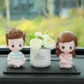Cute car dashboard ornament set with cartoon couple dolls and potted flower for interior decor. - Yoga [Dad, Mom & Ping'an Flower] + Medium Diamond Mat