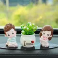 Cute cartoon couple car ornament with potted plant green leaf dashboard decor item - Yoga [Daughter, Son & White Grass] + Small Leopard Mat