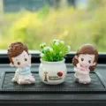 Cute cartoon couple car dashboard ornament with potted plant resin interior decor gift item - Yoga [Son, Daughter & White Grass] + Medium Diamond Mat