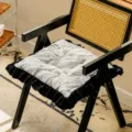 Grey French vintage chair cushion with black ruffle edge and leaf print for dining room - Yeying Style / Gray