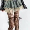 Y2K Vintage Hohle Spitze Strumpfhose mit Schleifen Bändern, sexy Netzstrumpfhose Damen - Einheitsgröße / Braun