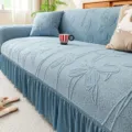 Blue jacquard sofa slipcover with pleated skirt, elastic universal furniture protector for home. - Single Seat / Anemone Ruffle Trim - Blue