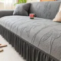 Grey jacquard sofa cover with ruffled skirt, elastic full wrap stretch protector for home. - Single Seat / Anemone Ruffle Trim - Dark Grey