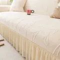 Beige jacquard sofa cover with mesh skirt, elastic universal protector for living room. - Single Seat / Anemone Ruffle Trim - Off-White