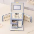 Large capacity jewelry box with mirror, PU leather travel storage organizer for rings earrings - Blue