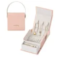 Portable mini pink jewelry box with ring slots, necklace hooks and handle for travel use. - 8.5x8.5x4cm / Powder Pink