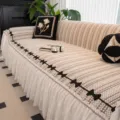 Chenille Sofa Cover Plaid Cushion Protector with White Lace Ruffle and Black Bows - 180*130cm / Elegant Checkered - Coffee