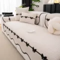 French style chenille sofa cushion cover with black bow and non-slip design for home decor. - 70*70cm / Off White