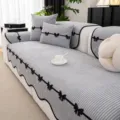 French style chenille sofa cover non-slip gray striped cushion with black bow decor - 70*70cm / Light Gray