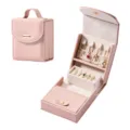 Pink portable travel jewelry box organizer with multi-layer storage for rings and necklaces. - Pink