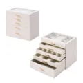 Portagioie multistrato beige con coperchio in vetro, 5 cassetti e maniglie dorate per accessori - 5 Livelli Verticale / Bianco
