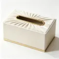 White velvet tissue box with gold metal trim, elegant rectangular desktop napkin holder. - Pleated Pattern Tissue Box