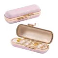 Portable mini pink fabric jewelry box with gold clasp for travel earrings storage organizer. - Jacquard Pink