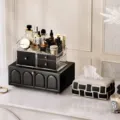 Luxury woven leather tissue box and acrylic makeup organizer set for modern home decor. - Tissue Box (Plaid Beige) + Arched Jewelry Box (Black) + Clear Storage Box (Black)
