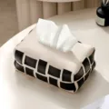 Luxury leather tissue box with black and beige woven checkerboard design for home decor. - 21*13*9cm / Plaid Beige
