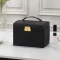 Portable black PU leather jewelry box with handle and gold lock for rings, earrings and necklaces. - 17.5*13.5*12cm / Black