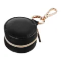 Portable black round mini jewelry box with gold keychain, cute travel accessory storage pouch. - 5*5*3cm / Black