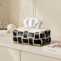 Modern luxury woven leather tissue box, stylish checkerboard desktop paper storage holder. - Waffle Tissue Box - Plaid Beige