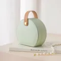 Round PU Leather Travel Jewelry Box in Light Green with Brown Handle for Earrings Rings - 10*9*4.5CM / Light Green