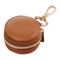 Portable mini round jewelry case, brown leather small storage bag with gold keychain. - 5*5*3cm / Brown