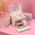 Large capacity pink leather jewelry box with mirror, multi-layer ring and necklace organizer. - Nude Pink